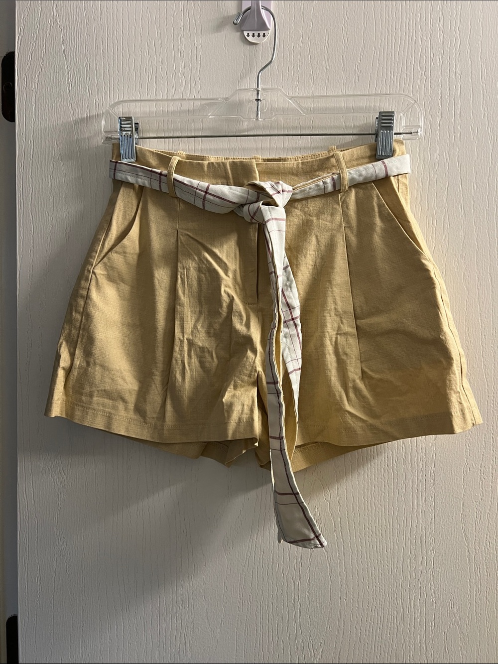 Potter's Pot Yellow High-Waist Shorts with Plaid Tie Belt
